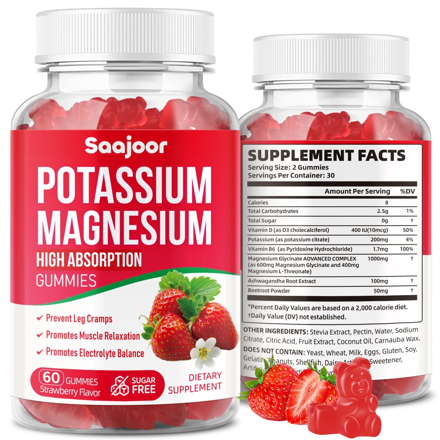 Potassium Magnesium Gummies with High Absorption Magnesium Glycinate, D3 & B6 – Strawberry Flavor (60 Count)