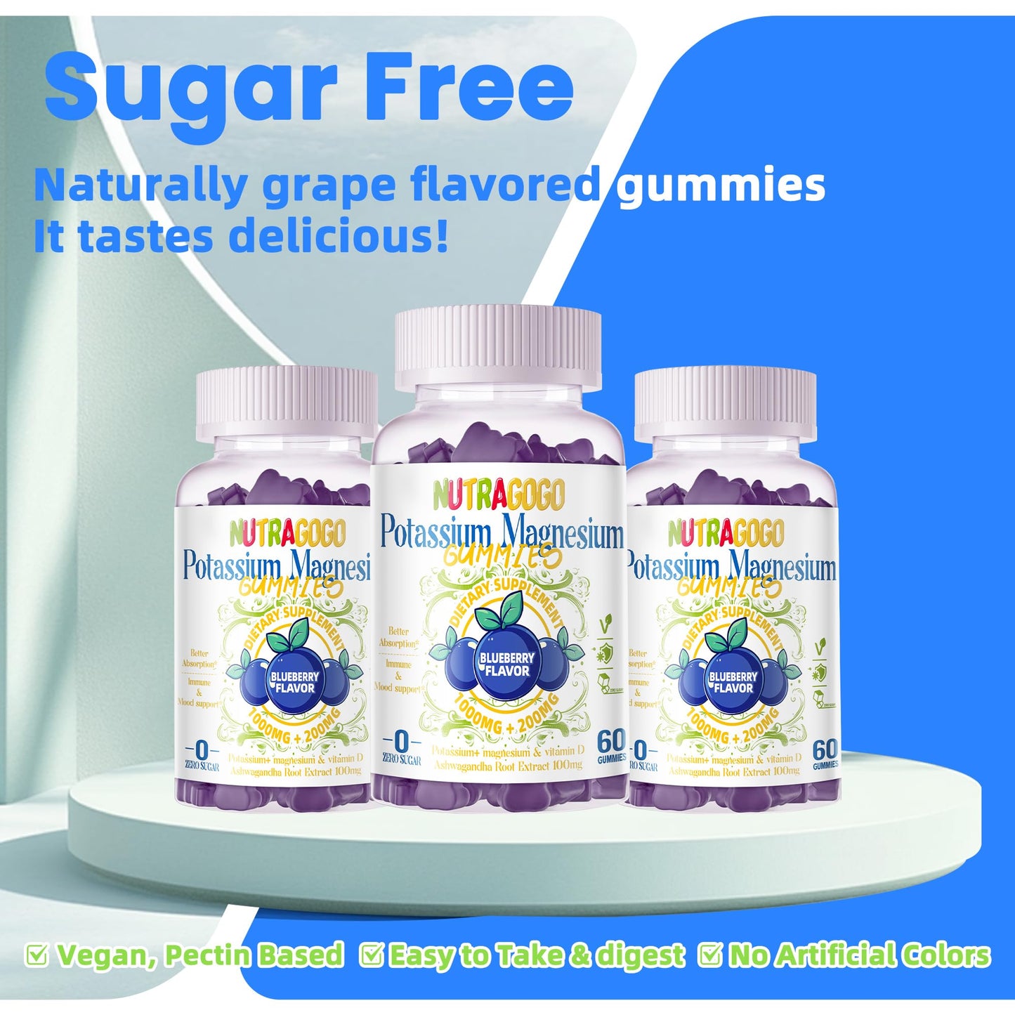 Potassium Magnesium Gummies with Ashwagandha – Sugar-Free, 60 Gummies