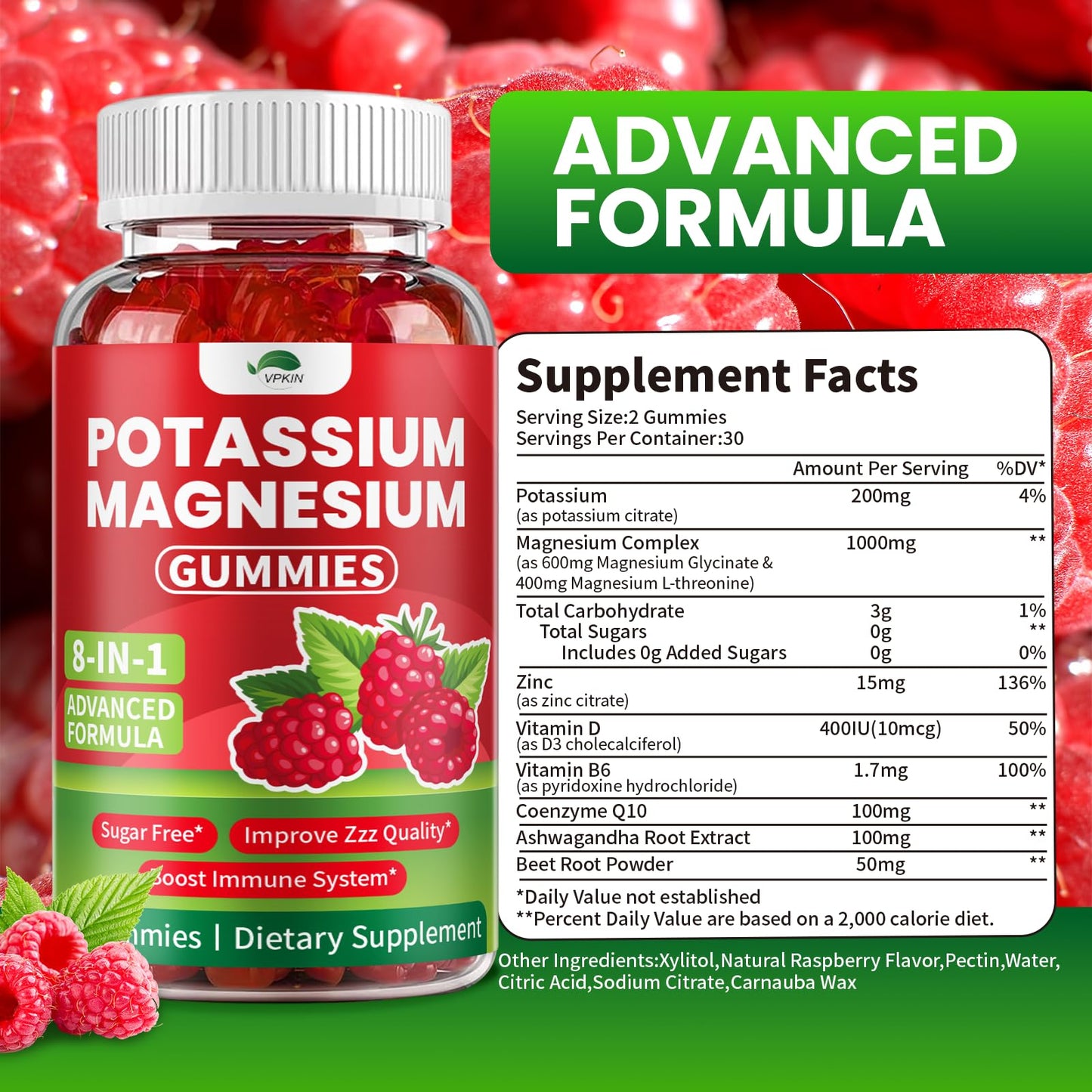 Potassium Magnesium Gummies Sugar Free | High Absorption for Adults & Kids (Raspberry, 60 Count)