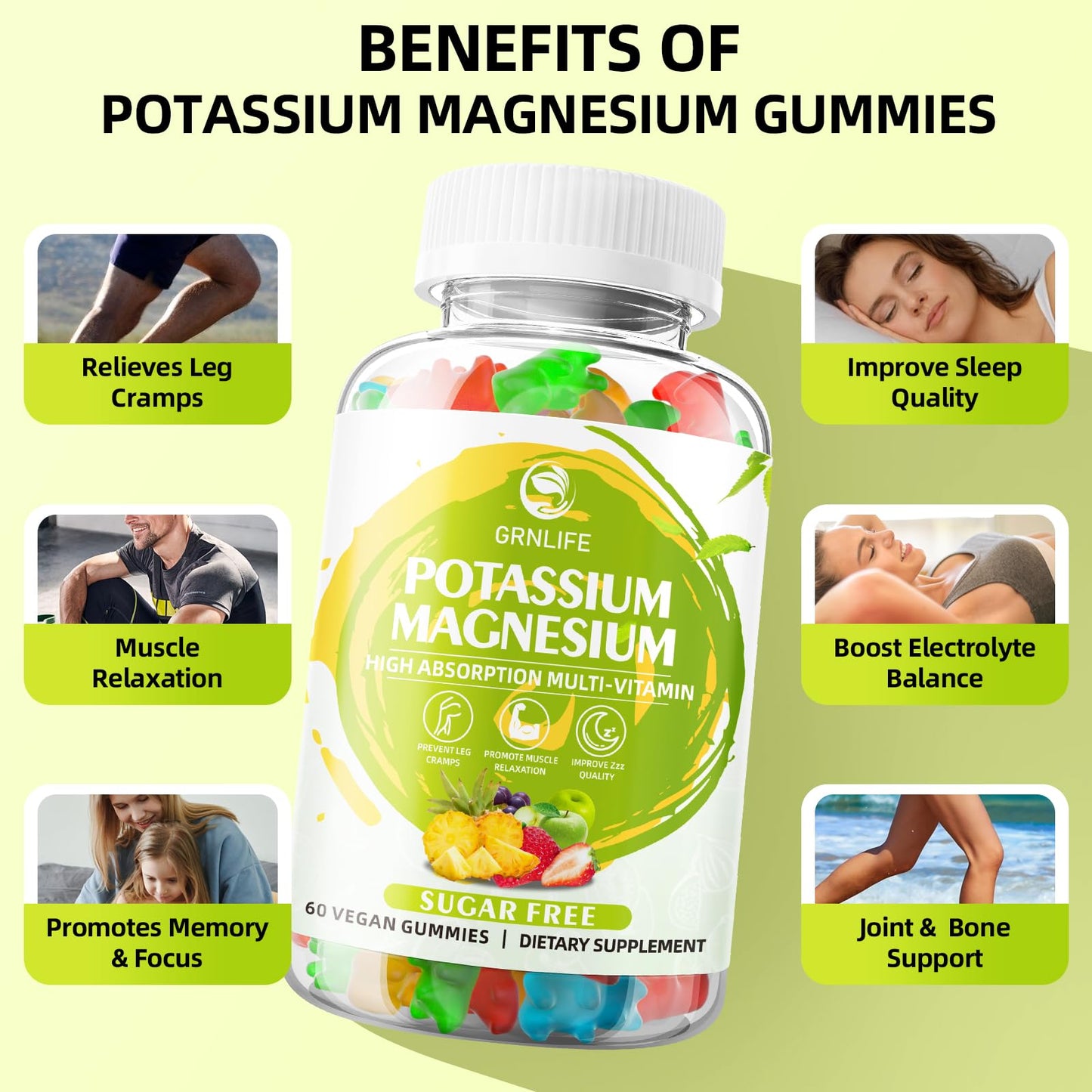 Potassium Magnesium Supplement Gummies – High Absorption Magnesium Glycinate, Sugar-Free & Vegan, 60 Count