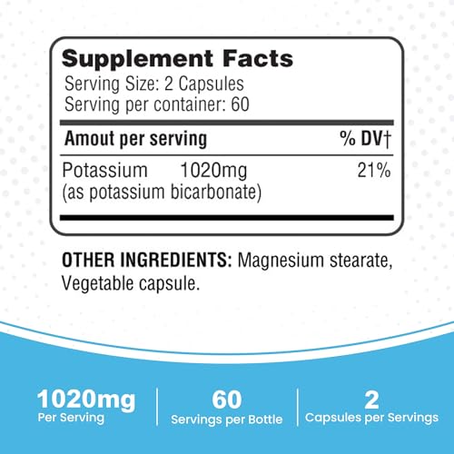 365 Health Potassium Supplement 1020 mg | Potassium Bicarbonate | Non-GMO | Gluten Free | Made in USA | 120 Vegetarian Capsules