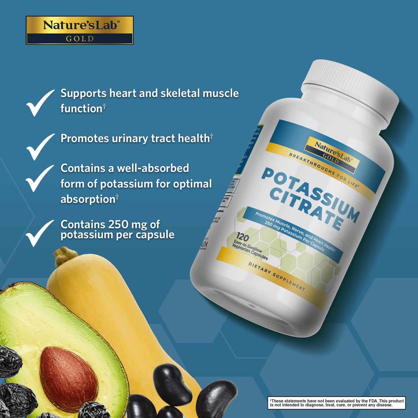 Nature's Lab Gold Potassium Citrate - Nerve, Muscle & Heart Health Support | 250mg Potassium Citrate, 120 Capsules (120 Day Supply)