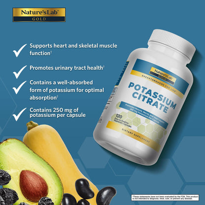 Nature's Lab Gold Potassium Citrate - Nerve, Muscle & Heart Health Support | 250mg Potassium Citrate, 120 Capsules (120 Day Supply)