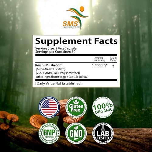 Potent Pure 15:1 Ganoderma Lucidum Extract 1000mg | Reishi (Vegan, Non-GMO, Gluten Free) Immune Support | 60 Veggie Capsules