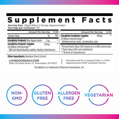 Livingood Daily Pre Pro Post Biotics Blend Powder – 3-in-1 Digestive Support