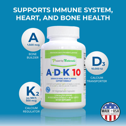Power By Naturals ADK 10 Vitamin Supplement – A, D3 10,000 IU & K2 MK-7, 90 Capsules (3-Month Supply)