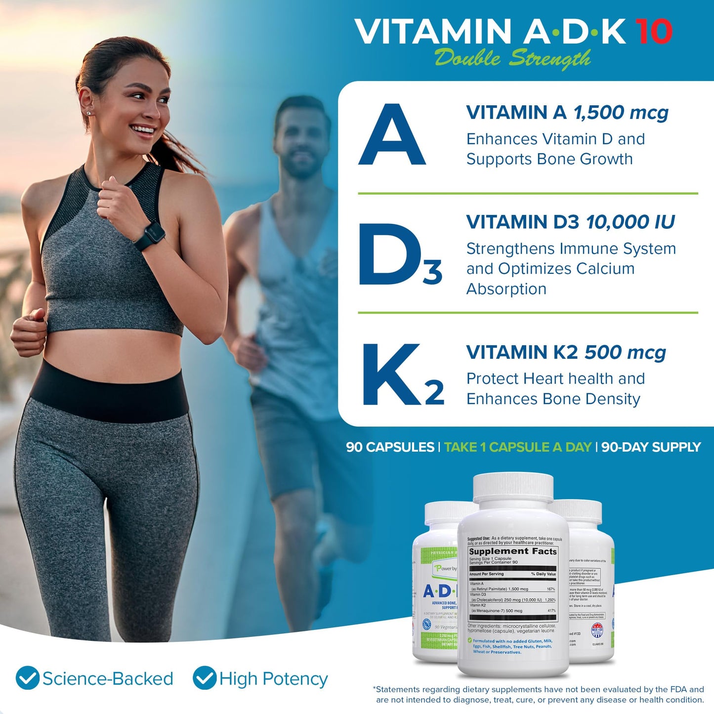 Power By Naturals ADK 10 Vitamin Supplement – A, D3 10,000 IU & K2 MK-7, 90 Capsules (3-Month Supply)