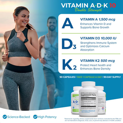 Power By Naturals ADK 10 Vitamin Supplement – A, D3 10,000 IU & K2 MK-7, 90 Capsules (3-Month Supply)