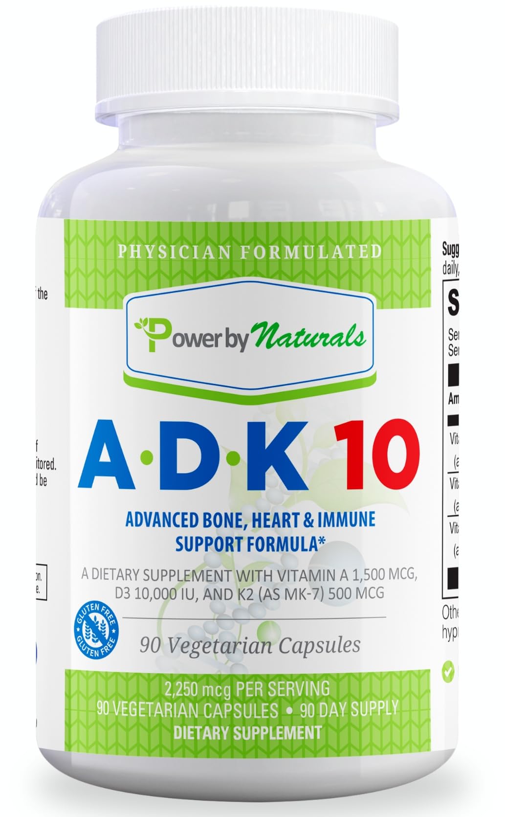 Power By Naturals ADK 10 Vitamin Supplement – A, D3 10,000 IU & K2 MK-7, 90 Capsules (3-Month Supply)