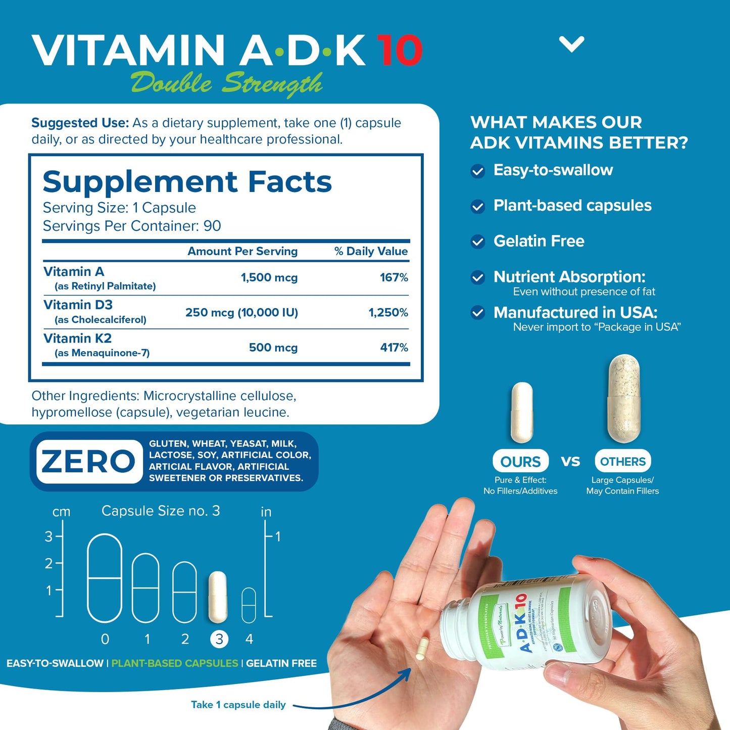 Power By Naturals ADK 10 Vitamin Supplement – A, D3 10,000 IU & K2 MK-7, 90 Capsules (3-Month Supply)