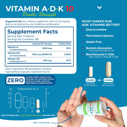 Power By Naturals ADK 10 Vitamin Supplement – A, D3 10,000 IU & K2 MK-7, 90 Capsules (3-Month Supply)