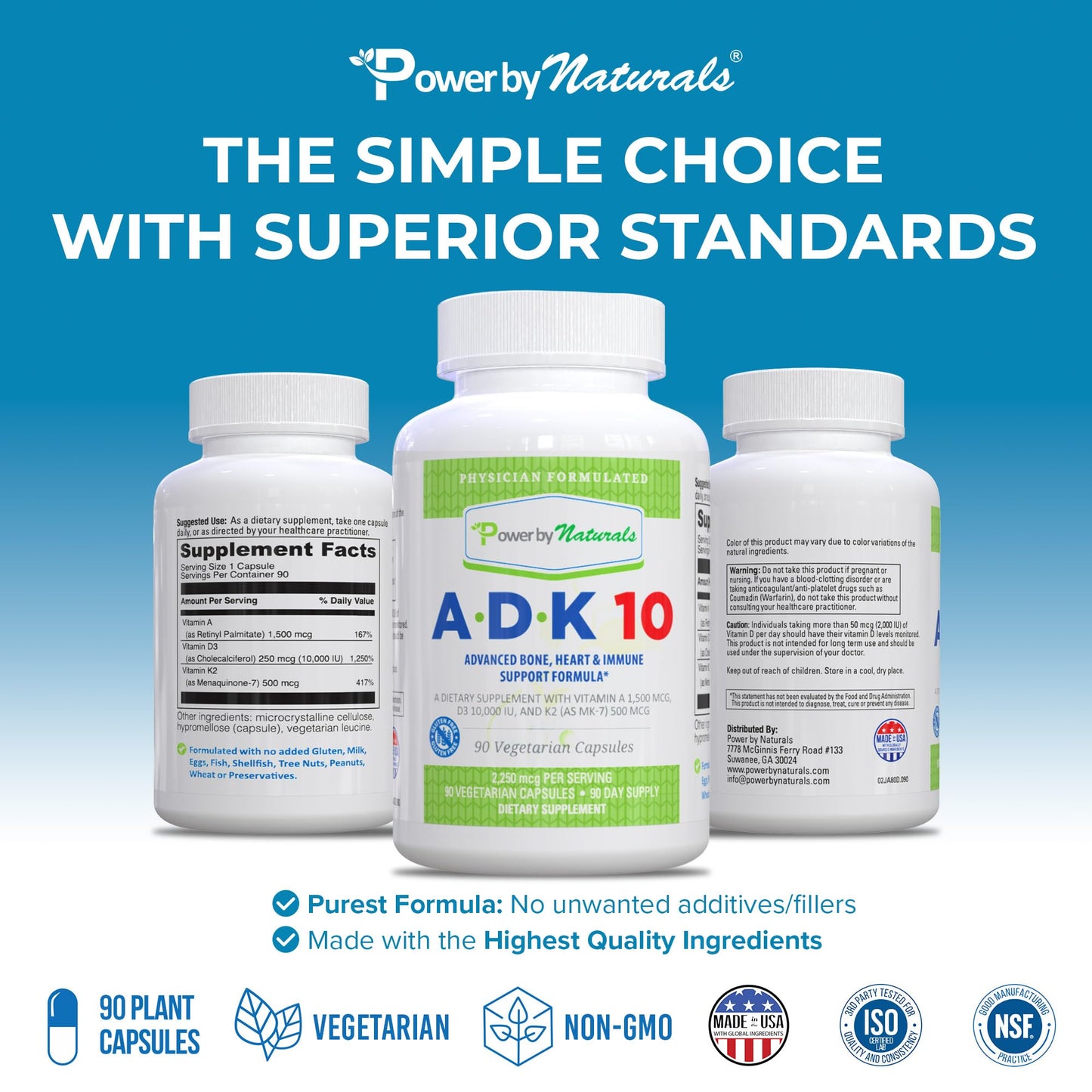 Power By Naturals ADK 10 Vitamin Supplement – A, D3 10,000 IU & K2 MK-7, 90 Capsules (3-Month Supply)