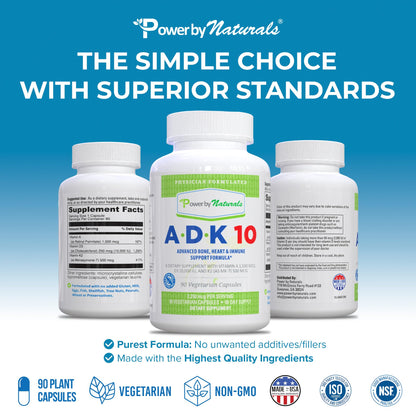 Power By Naturals ADK 10 Vitamin Supplement – A, D3 10,000 IU & K2 MK-7, 90 Capsules (3-Month Supply)