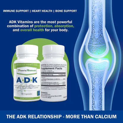 Power By Naturals ADK Vitamin Supplement: Vitamin A, D3 5000 IU, and Vitamin K2 MK-7 for Bone Health | Pack of 2 (60 Capsules Each)