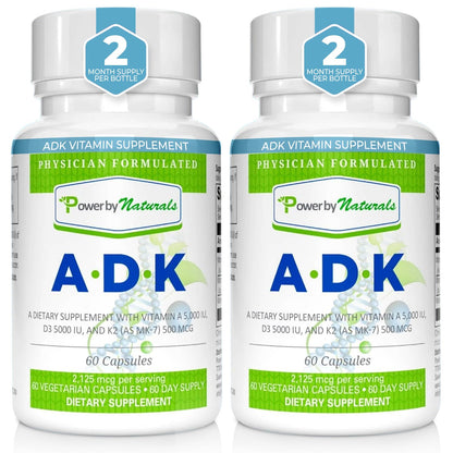 Power By Naturals ADK Vitamin Supplement: Vitamin A, D3 5000 IU, and Vitamin K2 MK-7 for Bone Health | Pack of 2 (60 Capsules Each)