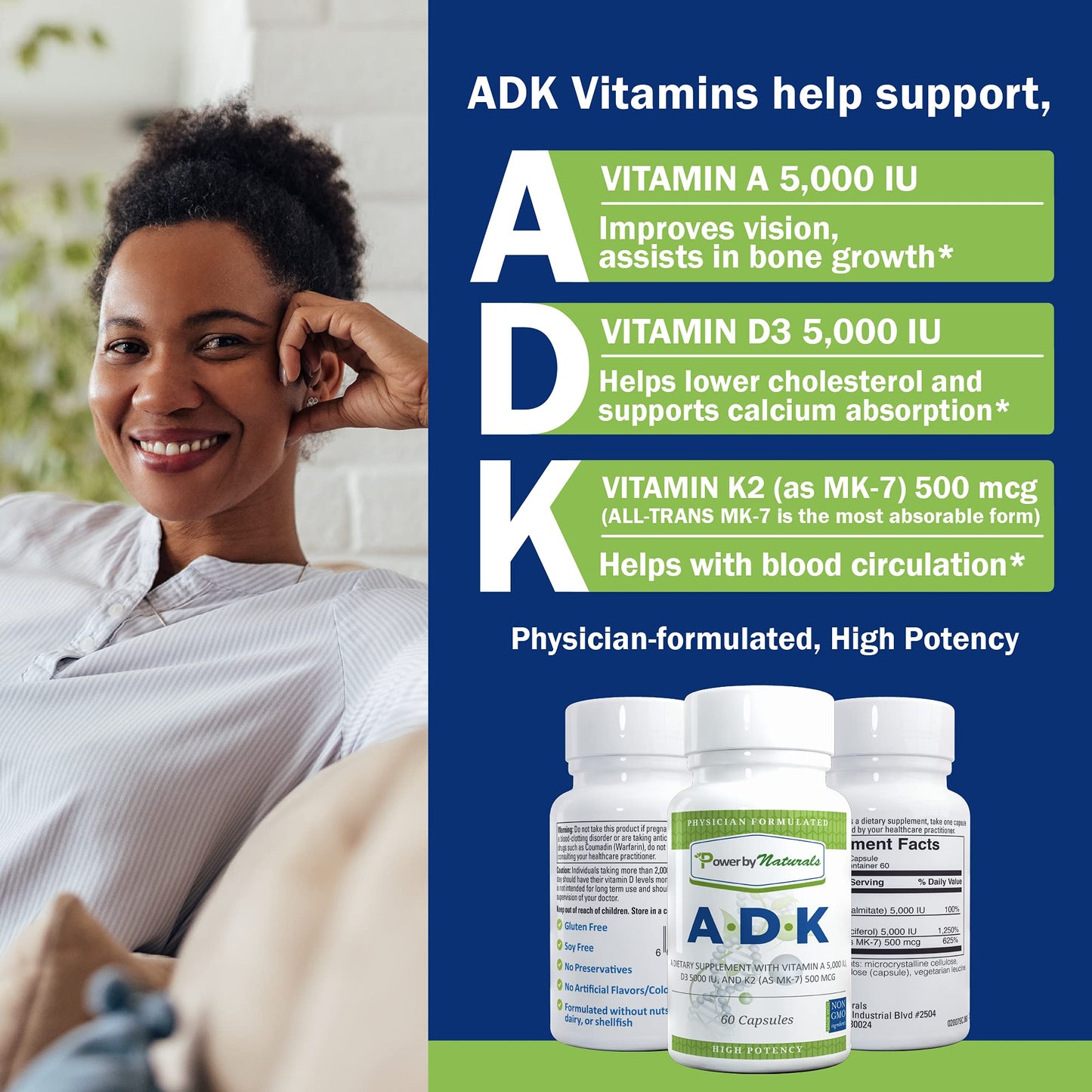 Power By Naturals ADK Vitamin Supplement: Vitamin A, D3 5000 IU, and Vitamin K2 MK-7 for Bone Health | Pack of 2 (60 Capsules Each)