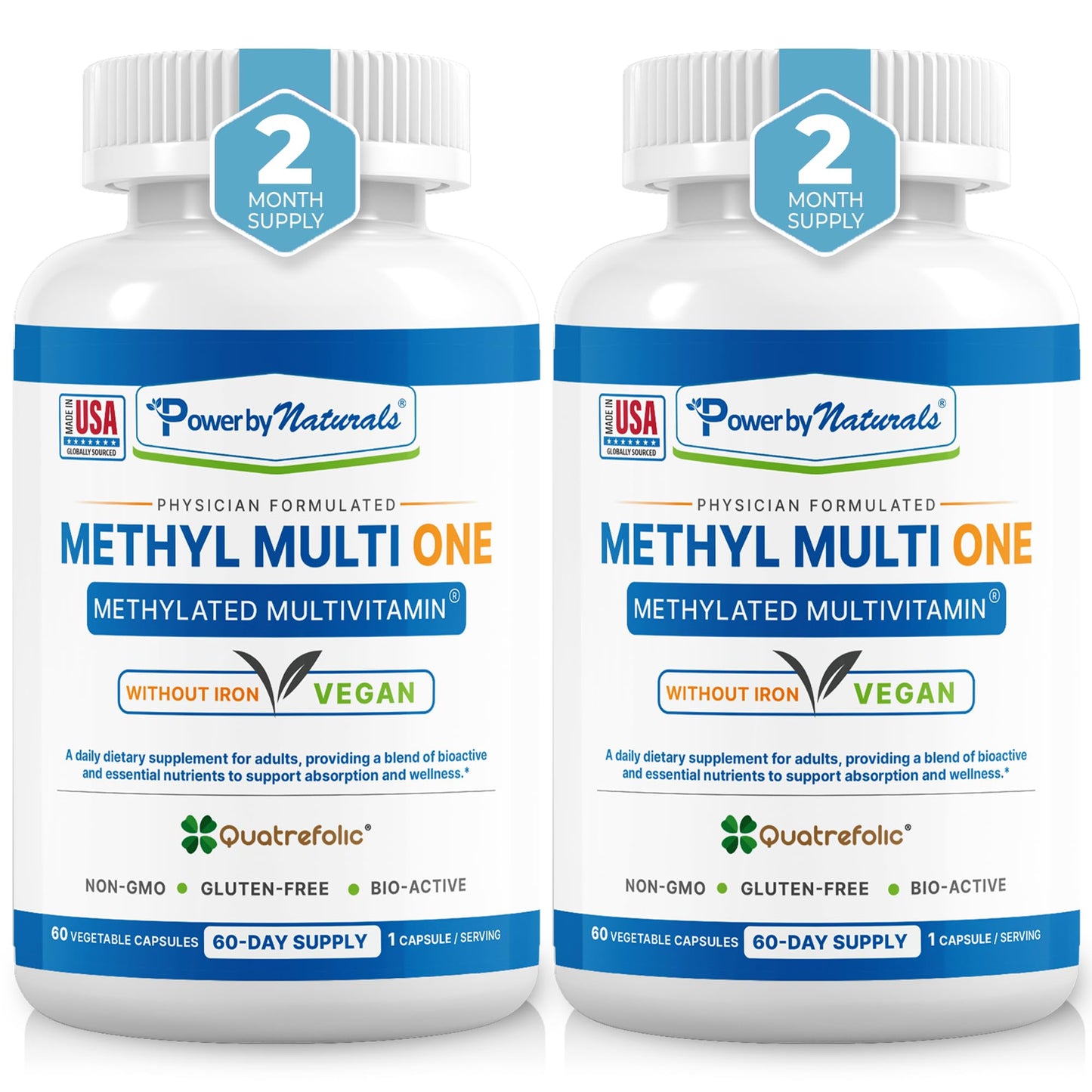 Power By Naturals Methyl Multi One – Iron-Free Methylated Multivitamin for Energy & MTHFR Support (60 capsules, 2-pack)