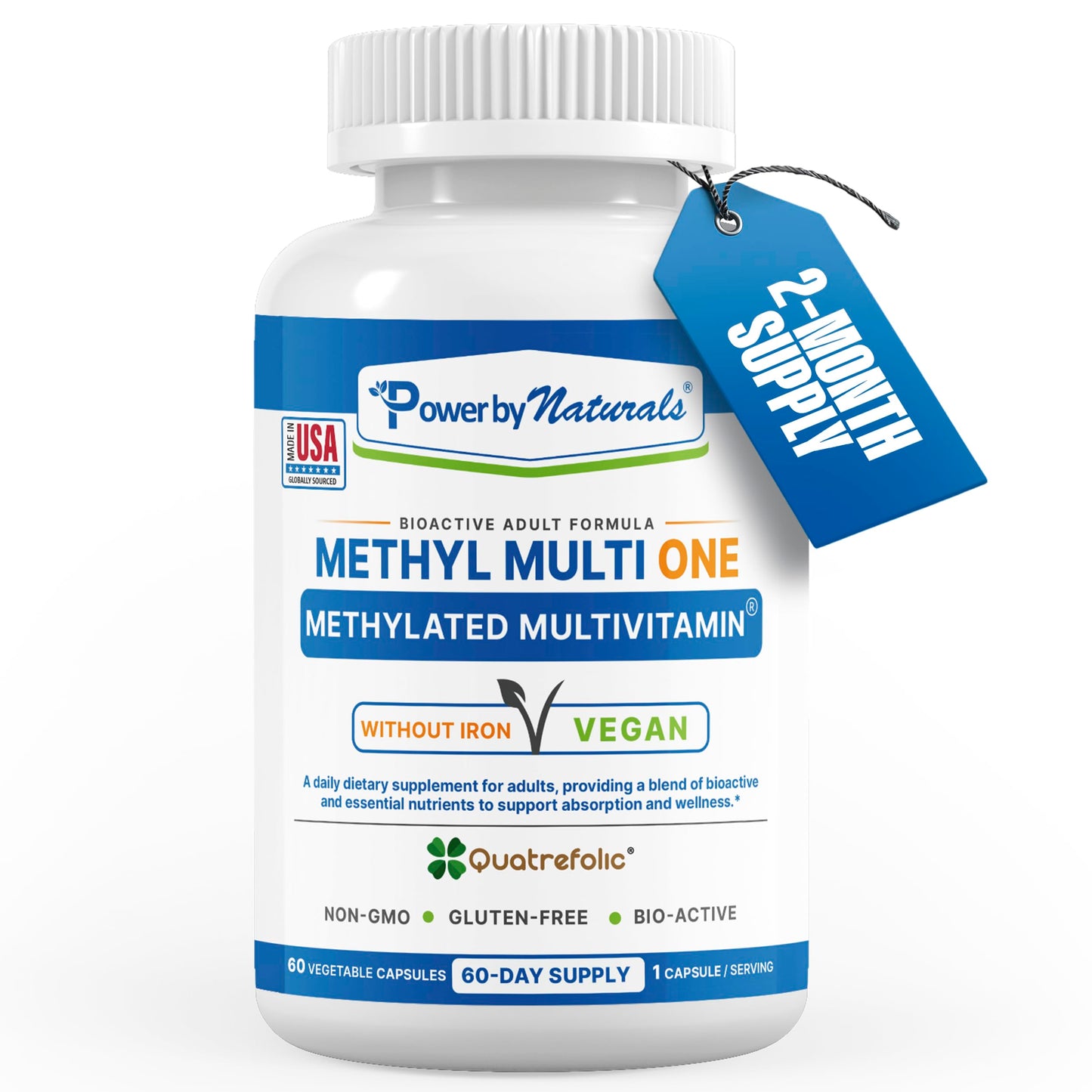Power By Naturals Methyl Multi One – Iron-Free Methylated Multivitamin with 5-MTHF, B12, CoQ10 (60 capsules, 2-month supply)