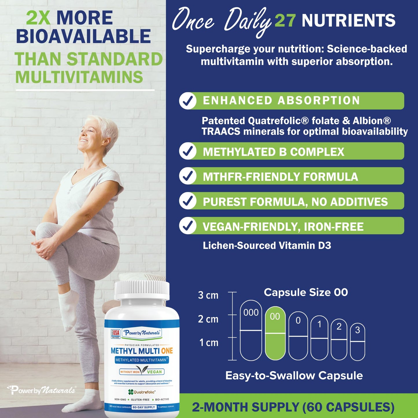 Power By Naturals Methyl Multi One – Iron-Free Methylated Multivitamin for Energy & MTHFR Support (60 capsules, 2-pack)
