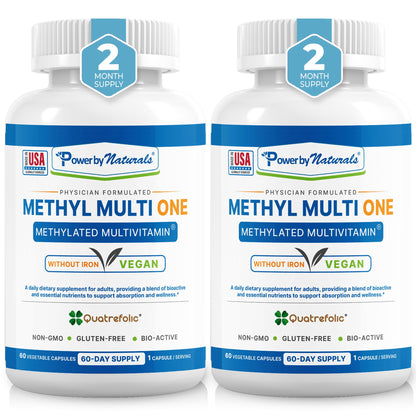 Power By Naturals Methyl Multi One – Iron-Free Methylated Multivitamin for Energy & MTHFR Support (60 capsules, 2-pack)