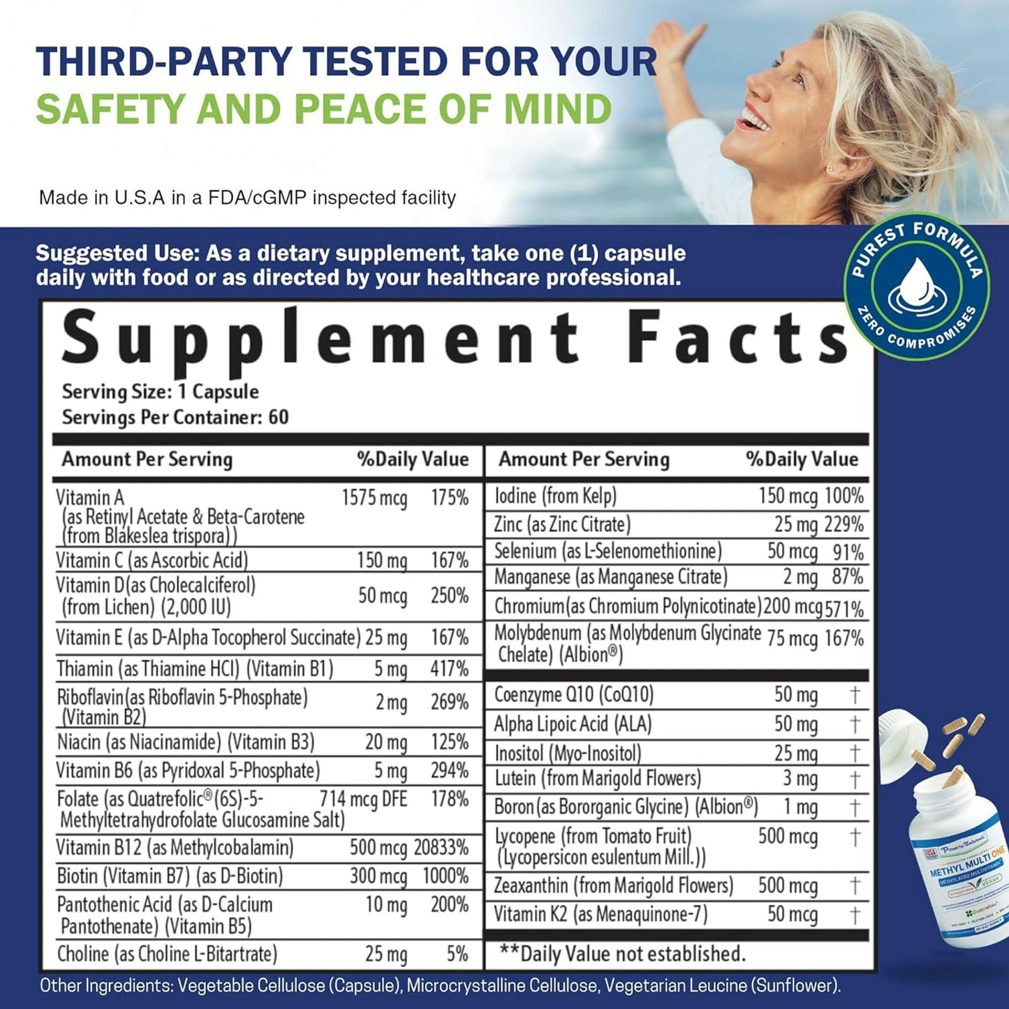 Power By Naturals Methyl Multi One – Iron-Free Methylated Multivitamin for Energy & MTHFR Support (60 capsules, 2-pack)