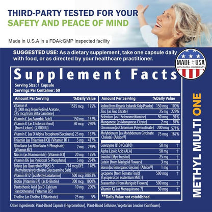 Power By Naturals Methyl Multi One – Iron-Free Methylated Multivitamin with 5-MTHF, B12, CoQ10 (60 capsules, 2-month supply)
