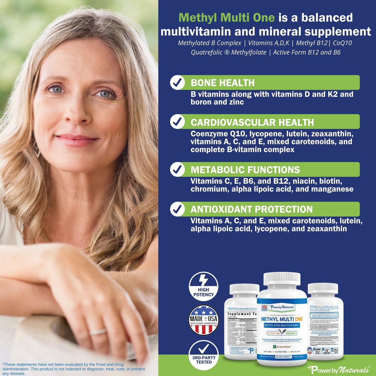 Power By Naturals Methyl Multi One – Iron-Free Methylated Multivitamin for Energy & MTHFR Support (60 capsules, 2-pack)