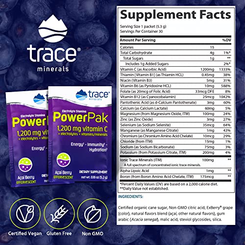 Trace Minerals Power Pak Multivitamin & Multimineral Packets – Acai Berry Flavor, Electrolyte Support, 1200 mg Vitamin C, 70+ Minerals, 90 Packets