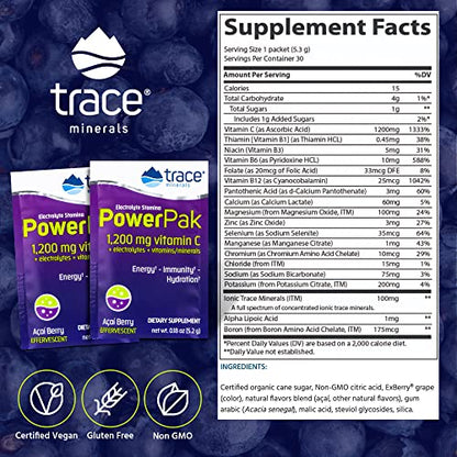 Trace Minerals Power Pak Multivitamin & Multimineral Packets – Acai Berry Flavor, Electrolyte Support, 1200 mg Vitamin C, 70+ Minerals, 90 Packets