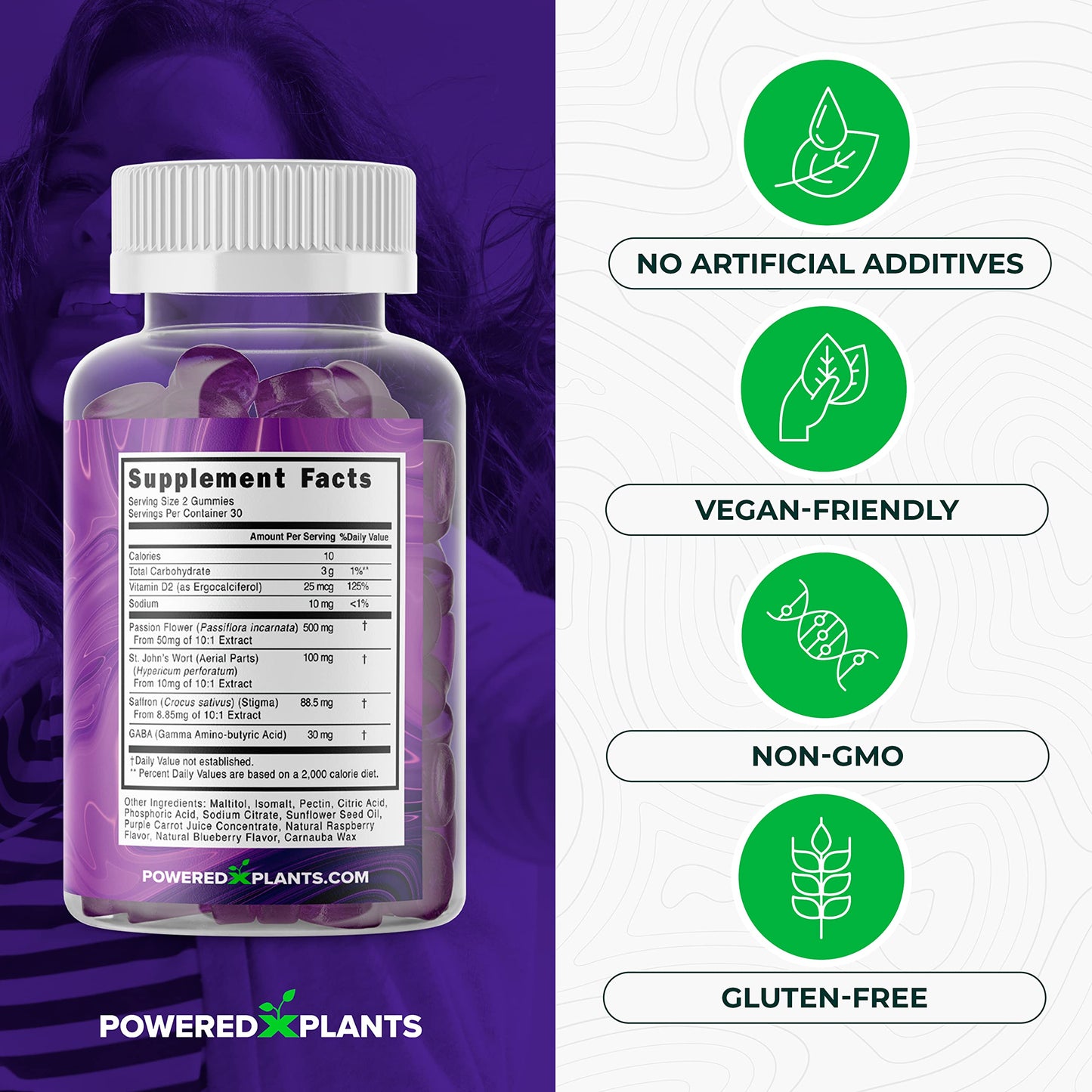 POWERED X PLANTS Saffron Gummies with Passionflower & Vitamin D2 | Mood Support, Energy & Digestion – 60 Servings