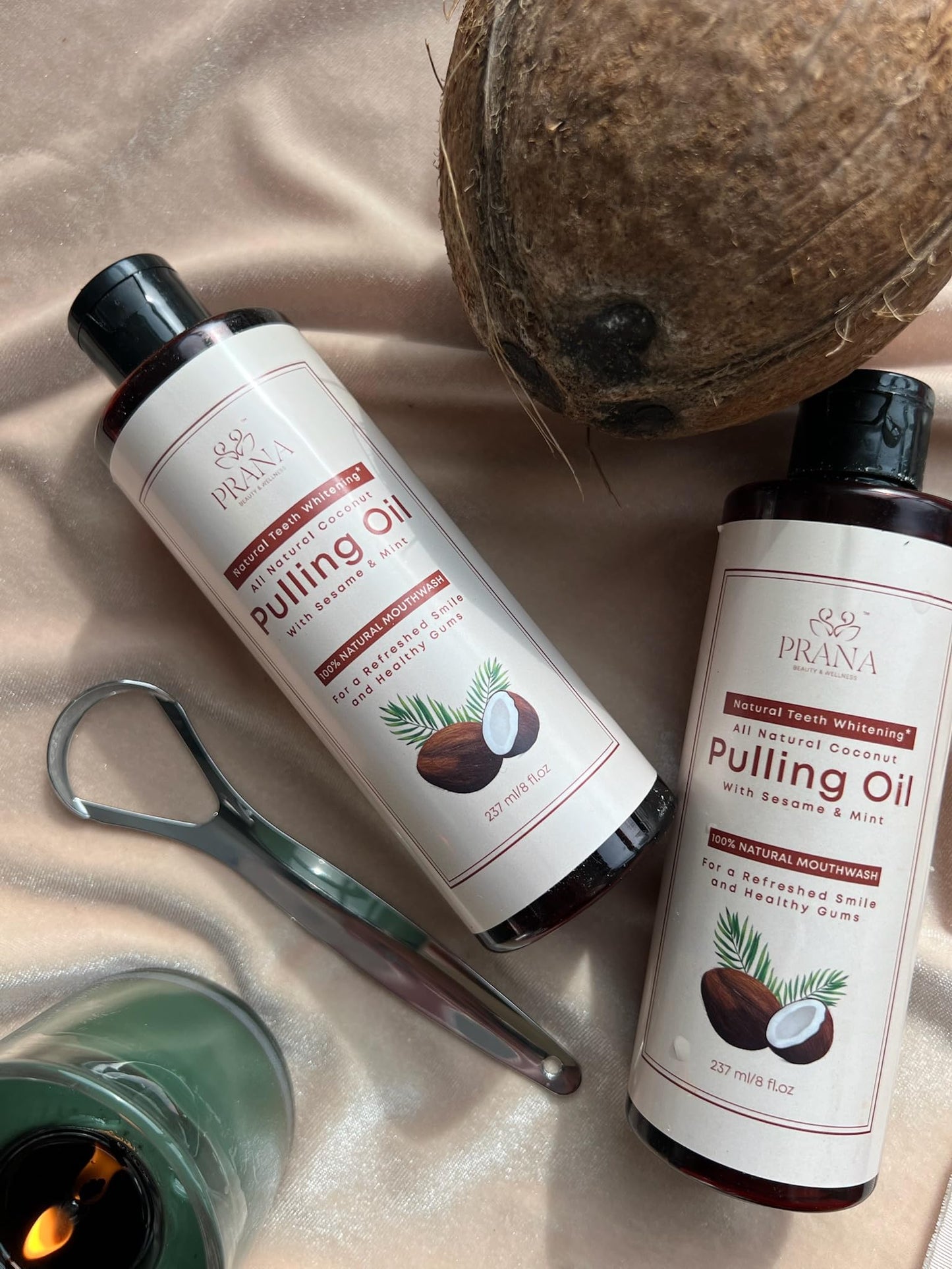 PRANA Coconut Pulling Oil Mouthwash with Tongue Scraper | Ayurvedic Oils for Clean Rinse and Gum Health | 237ml