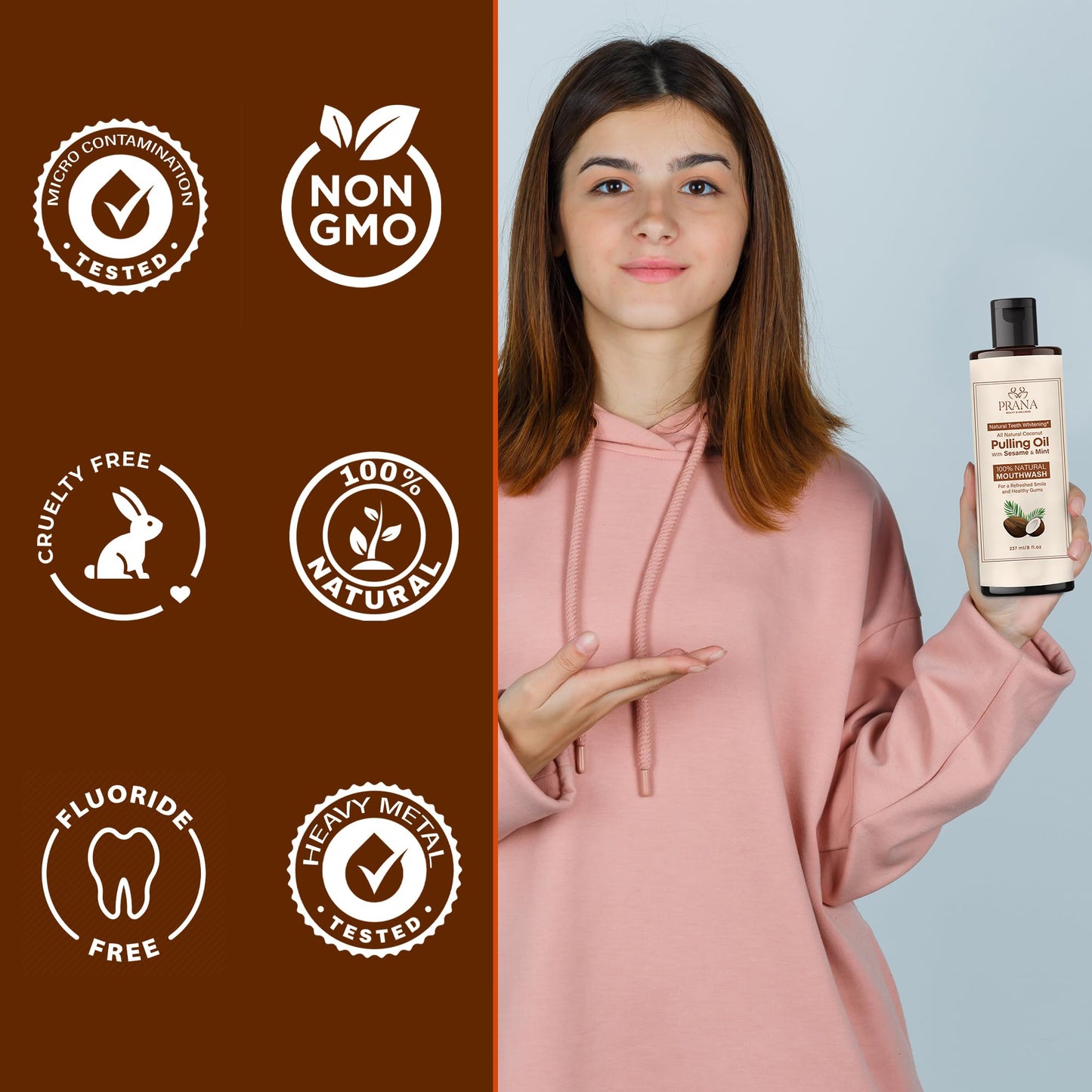 PRANA Coconut Pulling Oil Mouthwash with Tongue Scraper | Ayurvedic Oils for Clean Rinse and Gum Health | 237ml