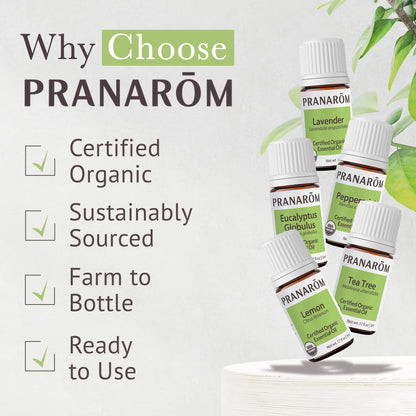 Pranarom Top 5 Essential Oil Kit (5-Pack) - Lavender, Peppermint, Tea Tree, Eucalyptus, Lemongrass - 100% Pure Organic Oil (USDA & ECOCERT)