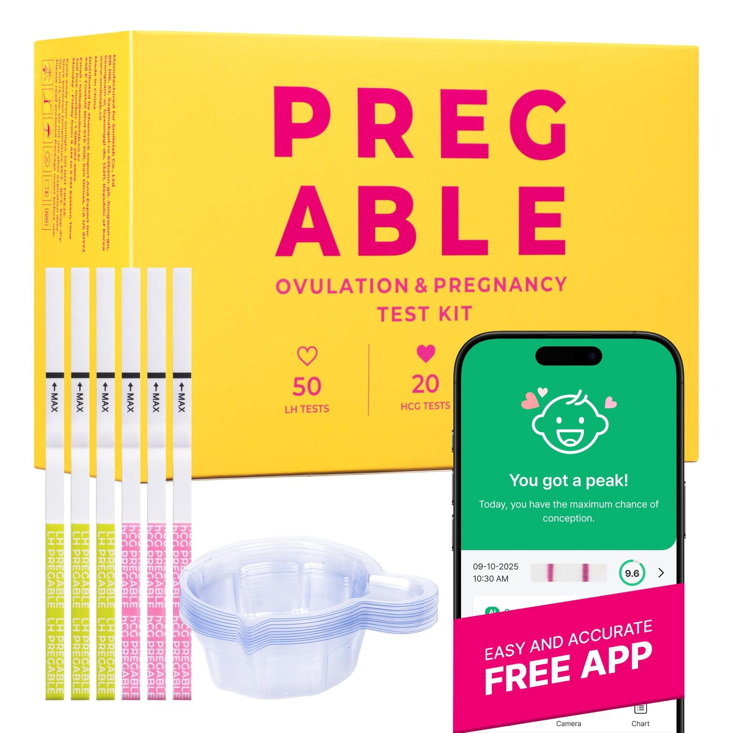 PREGABLE Combo Kit – 50 LH Ovulation Tests, 20 HCG Tests & 70 Cups + Free Smilereader Tracker App