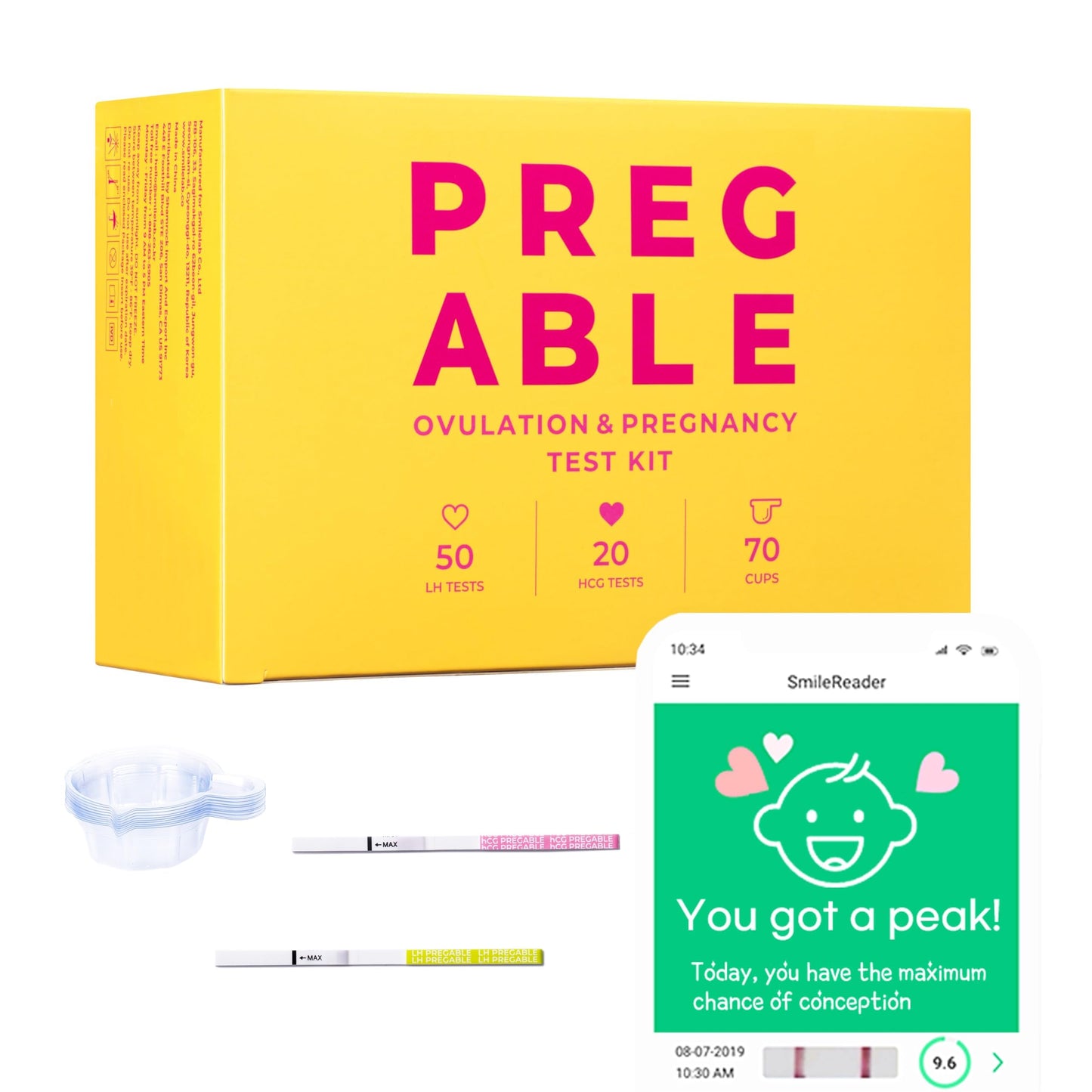 PREGABLE Combo Kit – 50 LH Ovulation Tests, 20 HCG Tests & 70 Cups + Free Smilereader Tracker App