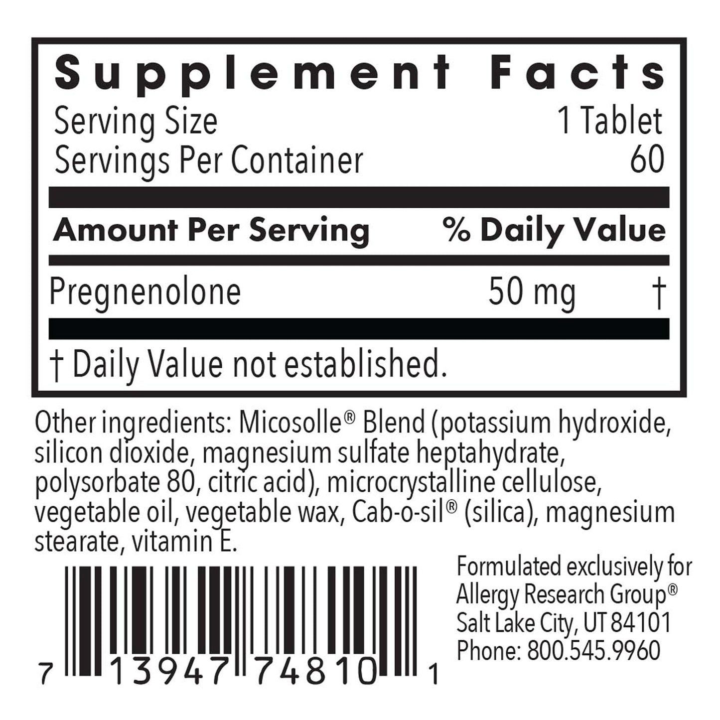 Allergy Research Group Pregnenolone Supplement 50mg - Hormone & Stress Support - Non-GMO Wild Yam, Micronized Lipid Matrix, Plant-Sourced - 60 Tablets