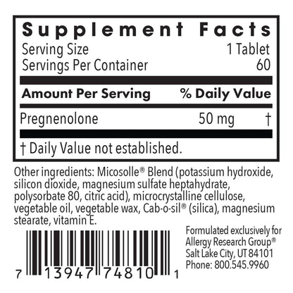 Allergy Research Group Pregnenolone Supplement 50mg - Hormone & Stress Support - Non-GMO Wild Yam, Micronized Lipid Matrix, Plant-Sourced - 60 Tablets