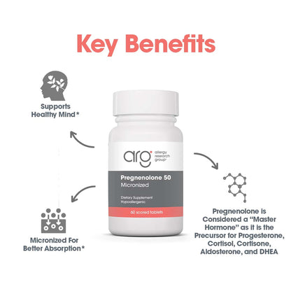 Allergy Research Group Pregnenolone Supplement 50mg - Hormone & Stress Support - Non-GMO Wild Yam, Micronized Lipid Matrix, Plant-Sourced - 60 Tablets