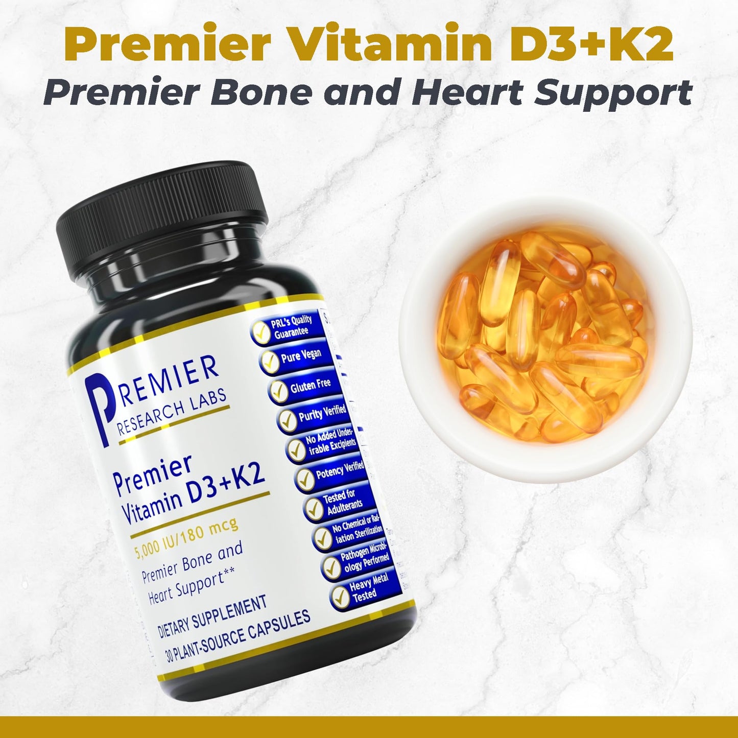Premier Research Labs Vitamin D3 + K2 5000 IU – Vegan, Gluten-Free Bone & Heart Support, 30 Plant-Based Capsules