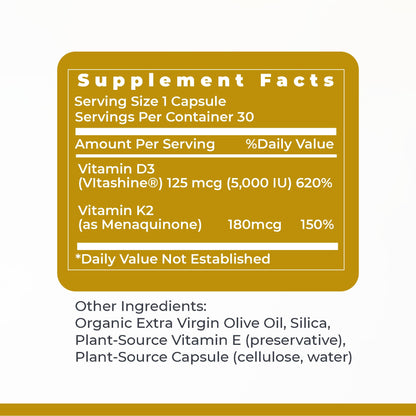 Premier Research Labs Vitamin D3 + K2 5000 IU – Vegan, Gluten-Free Bone & Heart Support, 30 Plant-Based Capsules