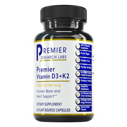Premier Research Labs Vitamin D3 + K2 5000 IU – Vegan, Gluten-Free Bone & Heart Support, 30 Plant-Based Capsules