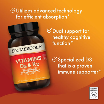 Dr. Mercola D3 & K2 Vitamin Supplement – Immune, Brain, Cardiovascular & Bone Support | 90 Capsules