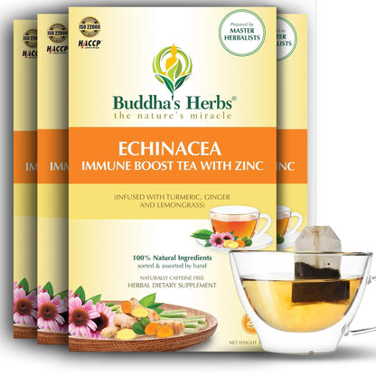 Premium Echinacea Tea with Zinc (Pack of 4, 88 Tea Bags) - Decaffeinated Organic Herbal Tea for Immune Health