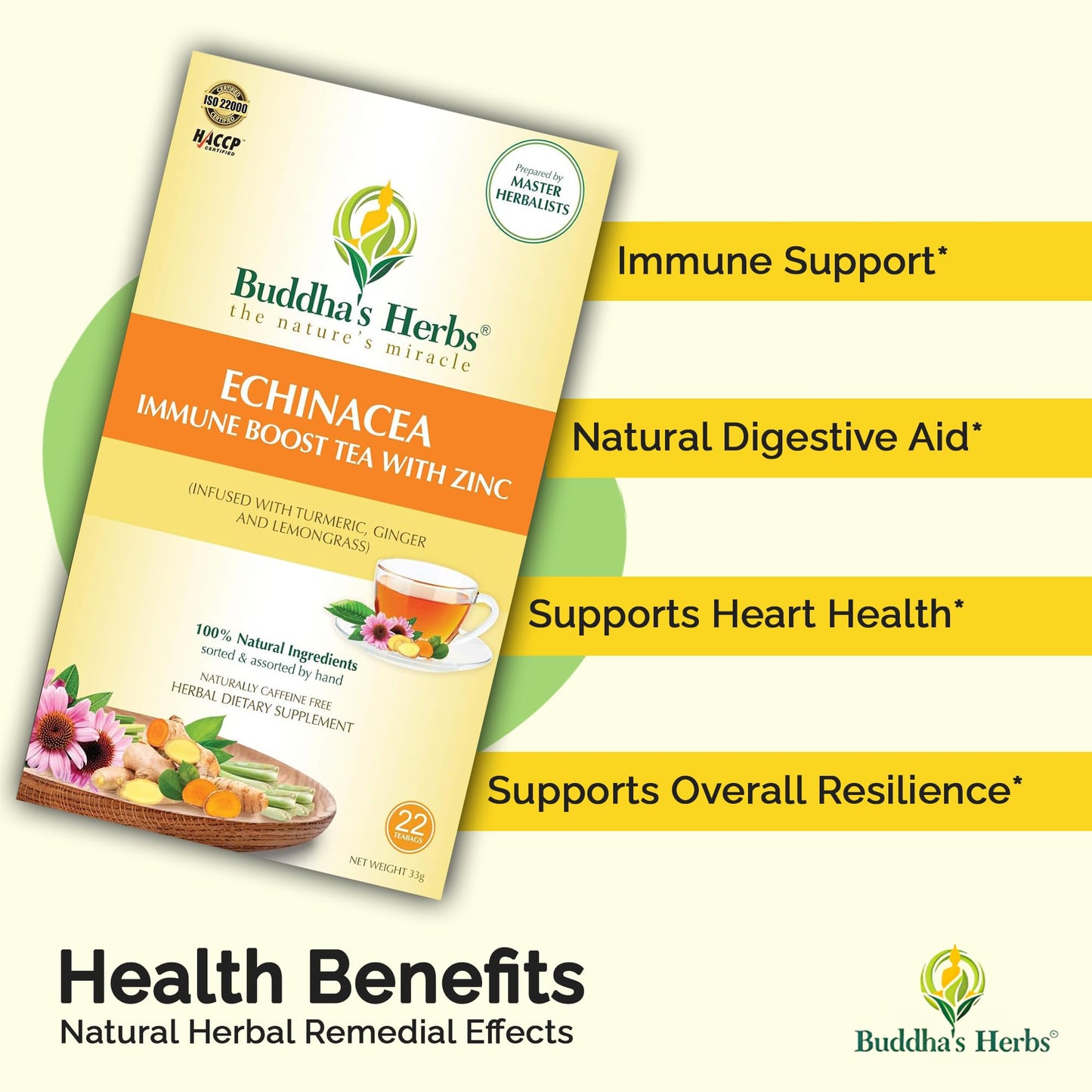 Premium Echinacea Tea with Zinc (Pack of 4, 88 Tea Bags) - Decaffeinated Organic Herbal Tea for Immune Health