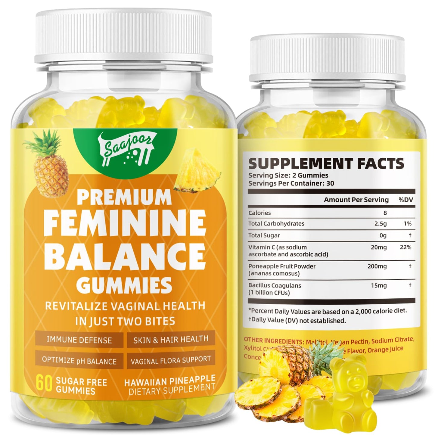Premium Feminine Balance Gummies for Immune Health & pH Support – Pineapple, Vegan