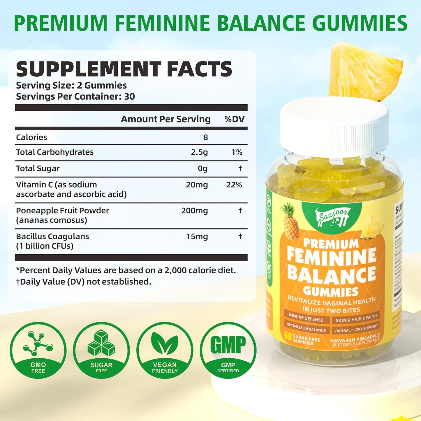 Premium Feminine Balance Gummies for Immune Health & pH Support – Pineapple, Vegan