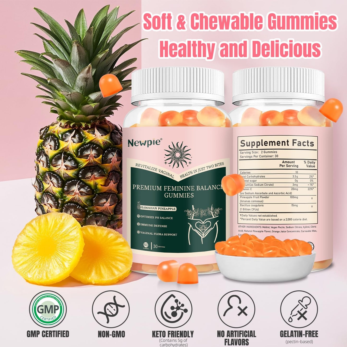 Premium Feminine Balance Gummies for Women – Pineapple, Vegan, Gluten-Free, Halal | 60 Gummies