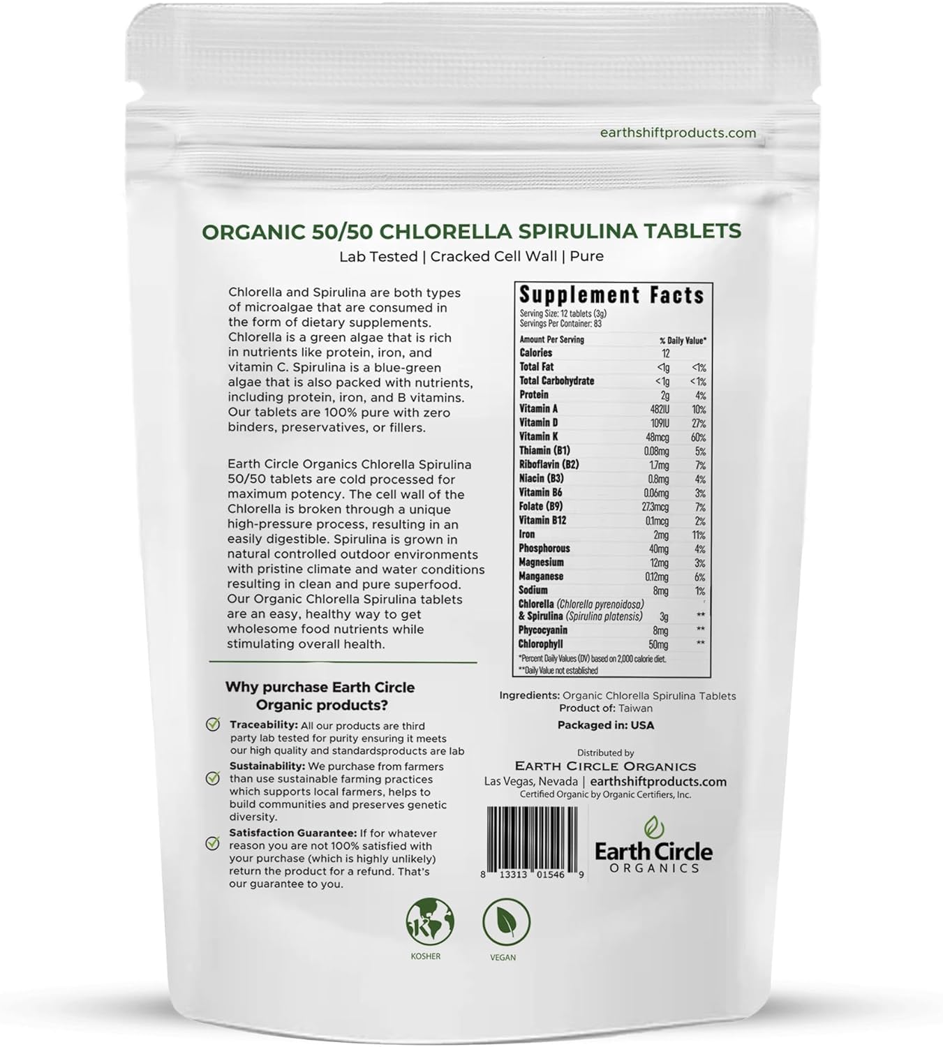 Earth Circle Organics Premium Organic Chlorella + Spirulina Tablets 1000 Count (50/50) – Vegan, Kosher, Cracked Cell Wall