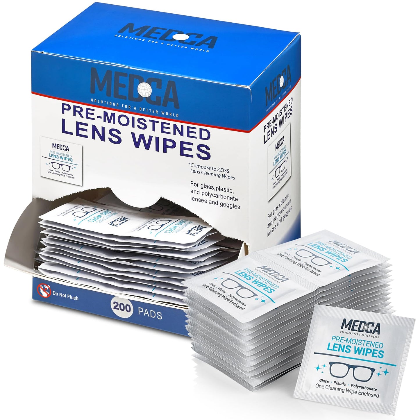 Premoistened Lens Cleaning Wipes - Pack of 200 | Quick Drying, Streak-Free | MEDca