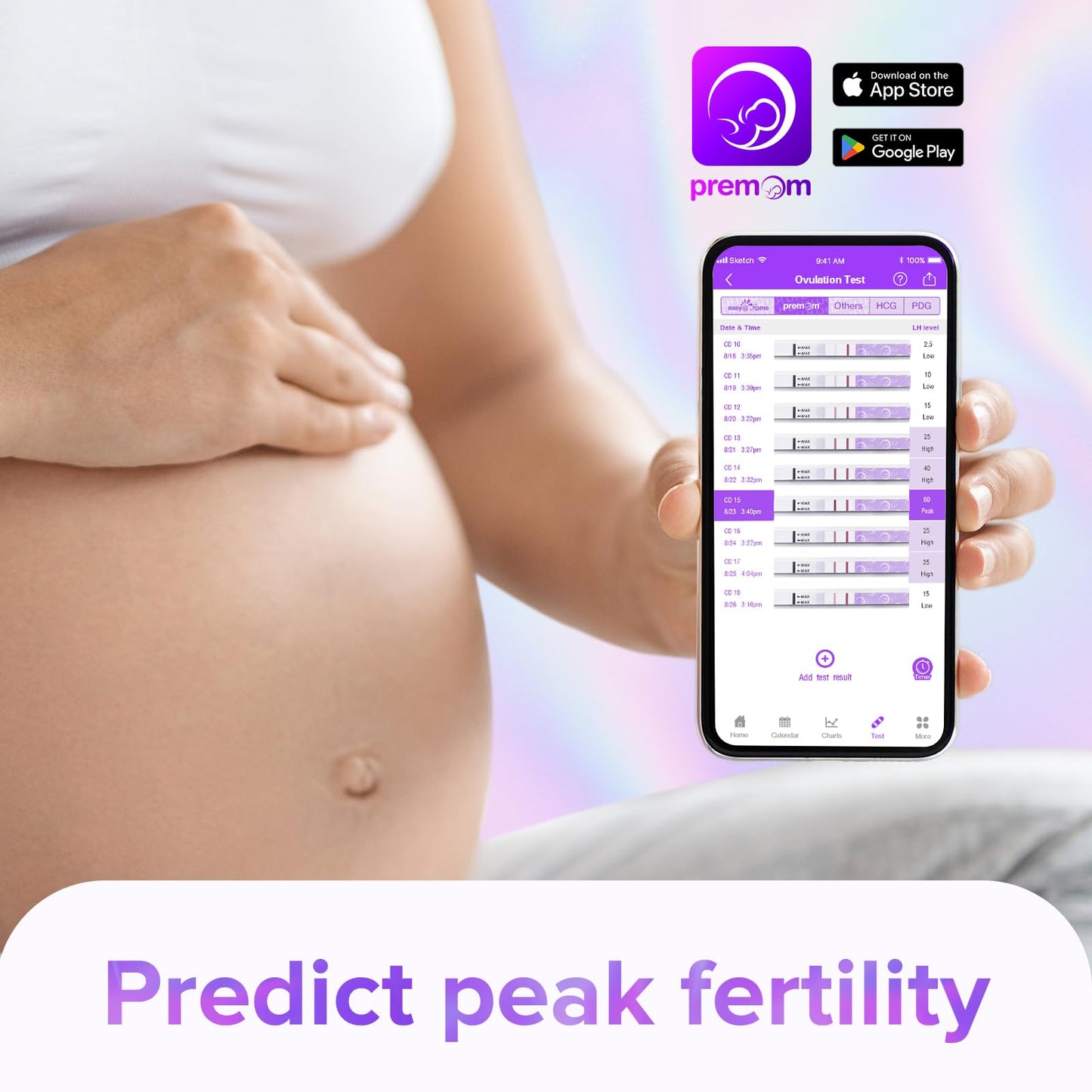 Premom Quantitative Ovulation Predictor Kit – 25 OPK Strips + 5 Pregnancy Strips + Smart Digital Reader App